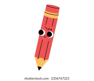 Hand drawn cute illustration school pencil character with smiling face. Flat vector college stationery with rubber in colored doodle style. Education or study sticker, icon. Back to school. Isolated.