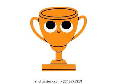 Hand drawn cute illustration of school award cup with funny face. Flat vector college competition or contest winner character in colored doodle style. Education or study sticker, icon. Isolated.