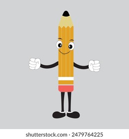 Hand drawn cute illustration school pencil character with smiling face. Flat icon college stationery with rubber in colored doodle style. Education or study sticker, icon. Back to school. Isolated.