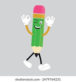Hand drawn cute illustration school pencil character with smiling face. Flat icon college stationery with rubber in colored doodle style. Education or study sticker, icon. Back to school. Isolated.