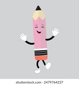 Hand drawn cute illustration school pencil character with smiling face. Flat icon college stationery with rubber in colored doodle style. Education or study sticker, icon. Back to school. Isolated.