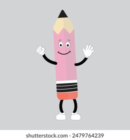 Hand drawn cute illustration school pencil character with smiling face. Flat icon college stationery with rubber in colored doodle style. Education or study sticker, icon. Back to school. Isolated.