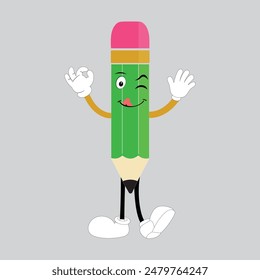 Hand drawn cute illustration school pencil character with smiling face. Flat icon college stationery with rubber in colored doodle style. Education or study sticker, icon. Back to school. Isolated.