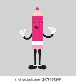 Hand drawn cute illustration school pencil character with smiling face. Flat icon college stationery with rubber in colored doodle style. Education or study sticker, icon. Back to school. Isolated.