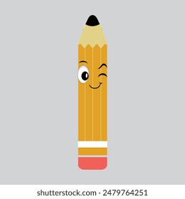 Hand drawn cute illustration school pencil character with smiling face. Flat icon college stationery with rubber in colored doodle style. Education or study sticker, icon. Back to school. Isolated.