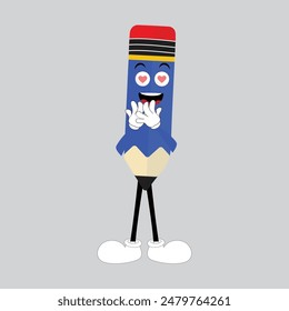 Hand drawn cute illustration school pencil character with smiling face. Flat icon college stationery with rubber in colored doodle style. Education or study sticker, icon. Back to school. Isolated.