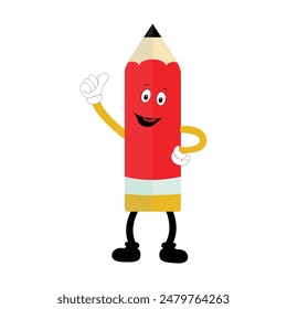Hand drawn cute illustration school pencil character with smiling face. Flat icon college stationery with rubber in colored doodle style. Education or study sticker, icon. Back to school. Isolated.
