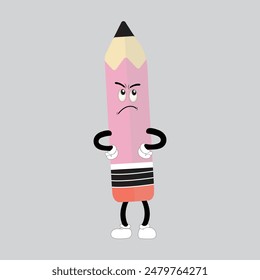 Hand drawn cute illustration school pencil character with smiling face. Flat icon college stationery with rubber in colored doodle style. Education or study sticker, icon. Back to school. Isolated.