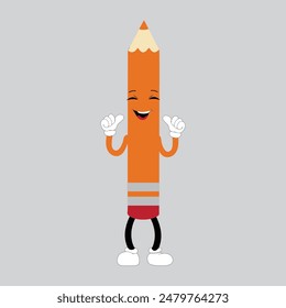 Hand drawn cute illustration school pencil character with smiling face. Flat icon college stationery with rubber in colored doodle style. Education or study sticker, icon. Back to school. Isolated.