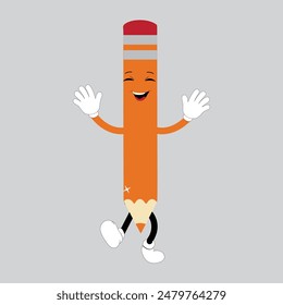 Hand drawn cute illustration school pencil character with smiling face. Flat icon college stationery with rubber in colored doodle style. Education or study sticker, icon. Back to school. Isolated.