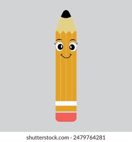 Hand drawn cute illustration school pencil character with smiling face. Flat icon college stationery with rubber in colored doodle style. Education or study sticker, icon. Back to school. Isolated.