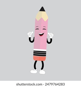 Hand drawn cute illustration school pencil character with smiling face. Flat icon college stationery with rubber in colored doodle style. Education or study sticker, icon. Back to school. Isolated.