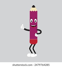 Hand drawn cute illustration school pencil character with smiling face. Flat icon college stationery with rubber in colored doodle style. Education or study sticker, icon. Back to school. Isolated.