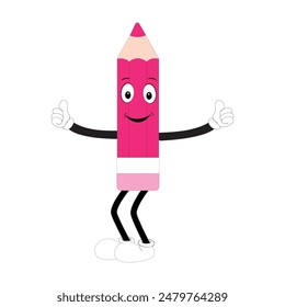 Hand drawn cute illustration school pencil character with smiling face. Flat icon college stationery with rubber in colored doodle style. Education or study sticker, icon. Back to school. Isolated.