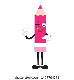 Hand drawn cute illustration school pencil character with smiling face. Flat icon college stationery with rubber in colored doodle style. Education or study sticker, icon. Back to school. Isolated.