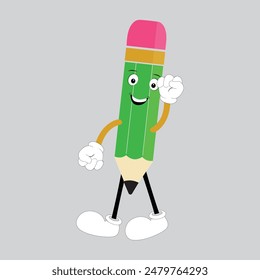 Hand drawn cute illustration school pencil character with smiling face. Flat icon college stationery with rubber in colored doodle style. Education or study sticker, icon. Back to school. Isolated.