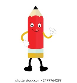 Hand drawn cute illustration school pencil character with smiling face. Flat icon college stationery with rubber in colored doodle style. Education or study sticker, icon. Back to school. Isolated.