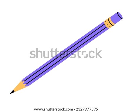 Hand drawn cute illustration of school pencil. Flat vector college stationery with rubber in colored doodle style. Education or study sticker, icon. Back to school. Isolated on white background.