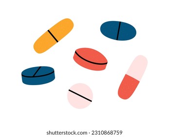 Hand drawn cute illustration set of different pills. Flat vector capsules or tablets with texture in colored doodle style. Mental health, medicine, drug sticker, icon. Isolated on white background.