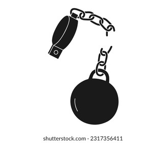 Hand drawn cute illustration of shackle with iron ball and broken chains. Flat vector liberation from slavery or habit in doodle style. Mental health, crisis, depression cure sticker, icon. Isolated.