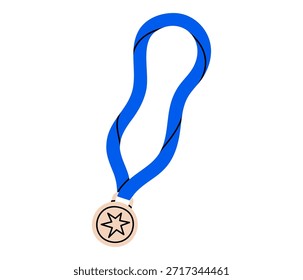 Dibujado a mano linda ilustración de medalla de plata con cinta. Vector plano insignia de segundo lugar con doodle estrella. Etiqueta engomada del ganador de la competencia, icono. Segundo lugar. Premio número dos. Aislado.