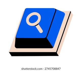 Hand drawn cute illustration of single keyboard button with magnifying glass. Flat vector loupe key doodle. User interface icon. Virtual data scanning. Searching for answer. Isolated.
