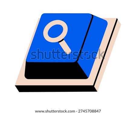 Hand drawn cute illustration of single keyboard button with magnifying glass. Flat vector loupe key doodle. User interface icon. Virtual data scanning. Searching for answer. Isolated.