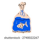 Hand drawn cute illustration of small fish in a bag. Flat vector pet store shopping doodle. Animal aquarium character icon or print. Goldfish in water. Environmental pollution. Isolated.