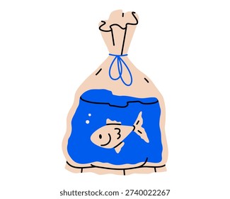 Hand drawn cute illustration of small fish in a bag. Flat vector pet store shopping doodle. Animal aquarium character icon or print. Goldfish in water. Environmental pollution. Isolated.