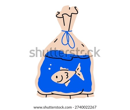 Hand drawn cute illustration of small fish in a bag. Flat vector pet store shopping doodle. Animal aquarium character icon or print. Goldfish in water. Environmental pollution. Isolated.