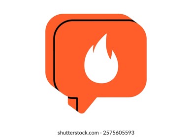 Hand drawn cute illustration of speech bubble with fire. Flat vector trendy content message doodle. Online notification. Social media popularity icon. Audience engagement. Follower reaction. Isolated.