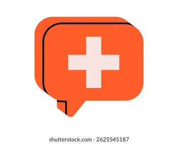 Mão desenhada ilustração bonito de balão de fala com cruz. Vetor plano de apoio de saúde de apoio de mensagem rabiscar. Ícone de notificação online. Converse com o médico. Consultoria médica em aplicativo de telefone. Isolado.