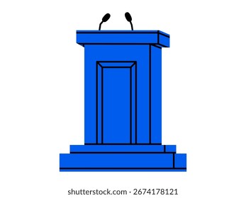 Dibujado a mano ilustración linda del podio del discurso. Vector plano de presentación pública tribune doodle. Diálogo o discusión. Icono de conferencia de Prensa. Escenario de orador con micrófonos. Aislado.