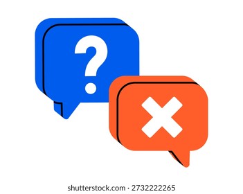 Hand drawn cute illustration speech bubbles with question mark and cross. Flat vector support answer doodle. Rejection sign. Negative user experience icon. Misunderstanding communication. Isolated.