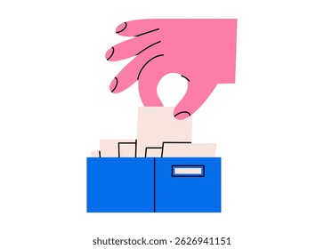 Desenhado à mão ilustração bonito de mão leva o documento do arquivo. Desenho de armazenamento de informações vetoriais planas. ícone Gerenciamento. Papel de escritório no braço humano. Catálogo ou banco de dados. Isolado.