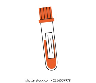 Hand drawn cute illustration of test tube with blood. Flat vector laboratory equipment in simple colored doodle style. Blood test, donor, medicine sticker, icon or print. Isolated on white background