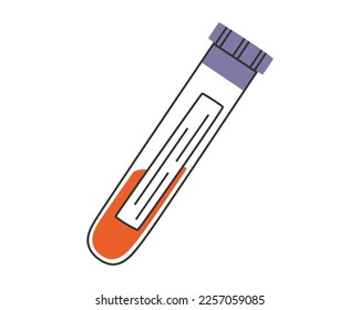 Hand drawn cute illustration of test tube with blood. Flat vector laboratory equipment in simple colored doodle style. Blood test, donor, medicine sticker, icon or print. Isolated on white background