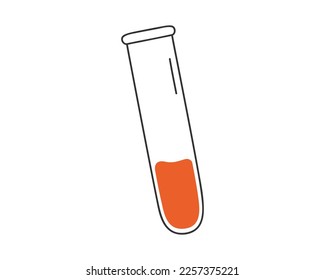Hand drawn cute illustration of test tube with blood. Flat vector laboratory equipment in simple colored doodle style. Blood test, donor, medicine sticker, icon or print. Isolated on white background