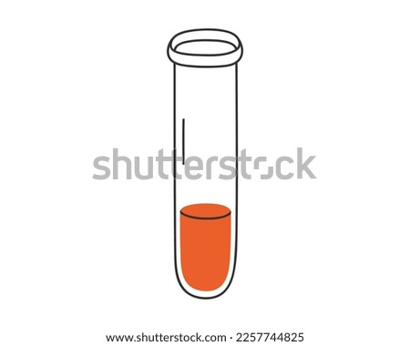 Hand drawn cute illustration of test tube with blood. Flat vector laboratory equipment in simple colored doodle style. Blood test, donor, medicine sticker, icon or print. Isolated on white background
