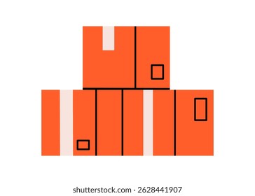 Mão desenhada ilustração fofa de três caixa de papelão com paraquedas. Pacote de vetor plano no estilo de rabiscar de pilha. Ícone de remessa de pacote. Logística de compras. Etiqueta de serviço de entrega. Isolado.