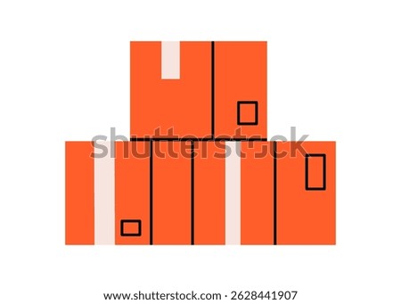 Hand drawn cute illustration of three cardboard box. Flat vector  package in stack doodle style. Parcel shipping icon. Shopping logistics. Delivery service sticker. Isolated.