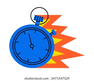 Hand drawn cute illustration of timer clock on fire. Flat vector vintage time measurement device in colored doodle style. Stopwatch sticker, icon. Deadline, limited in time, countdown. Isolated.