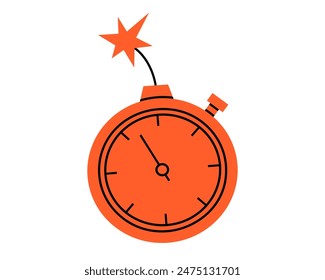 Handgezeichnete niedliche Illustration der Timer-Uhr wie Bombe mit brennendem Docht. Zeitmessgerät für flache Vektorgrafik in farbigem Doodle. Stoppuhr Aufkleber, Symbol. Deadline, begrenzte Zeit, Countdown. Isoliert.