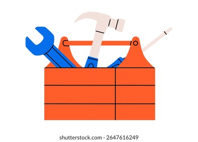 ilustração desenhada à mão bonito da caixa de ferramentas com instrumentos. Ferramenta de reparo de vetor plano no doodle de caixa. Ícone do kit de hardware do serviço de suporte. Chave inglesa, martelo e chave de fenda. Configurações ou corrigir problema. Isolado.