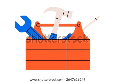 Hand drawn cute illustration of toolbox with instruments. Flat vector repair tool in box doodle. Support service hardware kit icon. Wrench, hammer and screwdriver. Settings or fix problem. Isolated.
