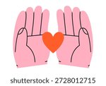 Hand drawn cute illustration of two hands holding heart in open palms. Love or support feeling arm gesture doodle. Valentine