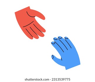 Hand drawn cute illustration of two hands reaching out to each other. Flat vector helping hand symbol in doodle style. Mental health, psychology sticker, icon. Isolated on white background.