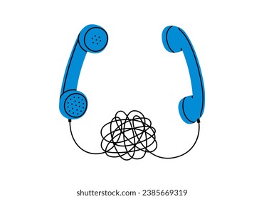 Hand drawn cute illustration of two retro phone handsets connected by tangled wire. Flat vector old telephone receiver sticker in doodle style. Difficult conversation icon. Misunderstanding. Isolated.