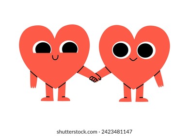 Hand drawn cute illustration two heart characters holding hands. Fall in love feeling in doodle style. Couple on date. Valentine's Day holiday romantic mascot sticker, icon. Isolated.