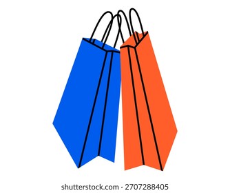 Mão desenhada ilustração fofa de duas sacolas de compras. Loja de vetor plano ou doodle de adesivo de varejo. Conceito publicitário de venda. Ícone ou impressão de pagamento de cliente. Pacote boutique de papel. Isolado.